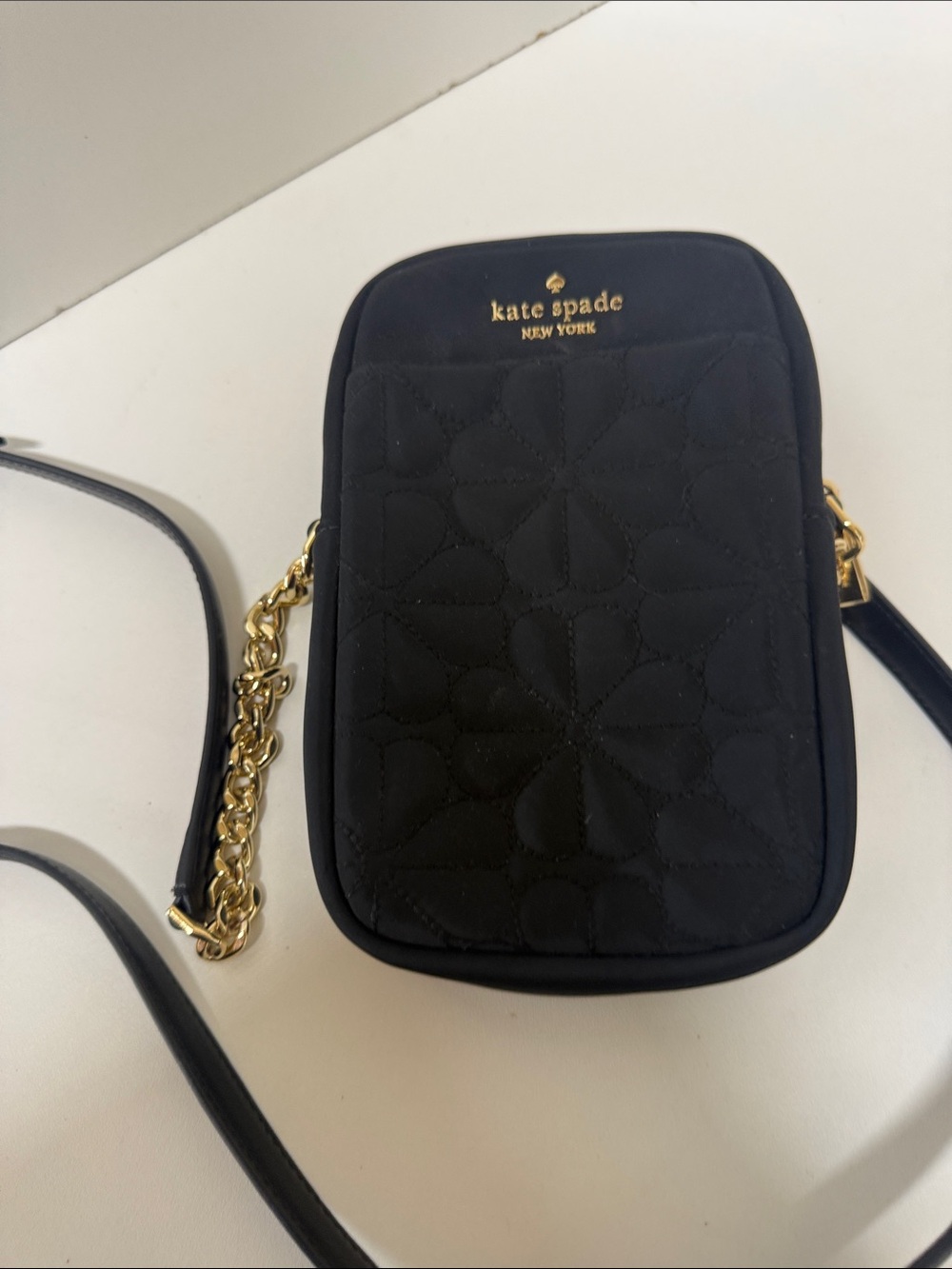 kate spade Black Quilted Logo Crossbody with Gold Chain